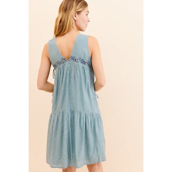 New Anthropologie Aida Embroidered Mini Dress $148 SMALL Blue Floral Striped - Picture 7 of 8